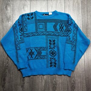 Vintage Bronzini Mens XL Blue Black Geometric Knit Acrylic Crewneck Sweater 90s